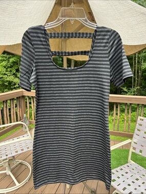 h.i.p. Gray and Black Striped Short Sleeve Scoop-Back Dress